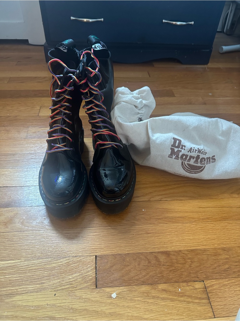 Dr. Martens Black Patent Boots with Rainbow Laces